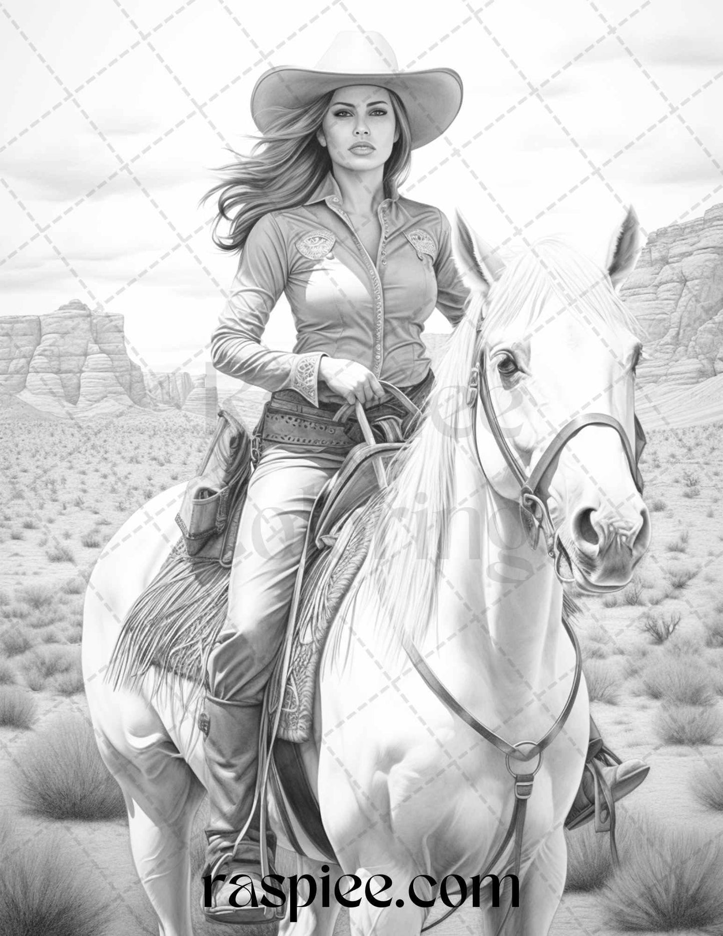 40 Beautiful Cowgirls Grayscale Coloring Pages Printable for Adults, PDF File Instant Download