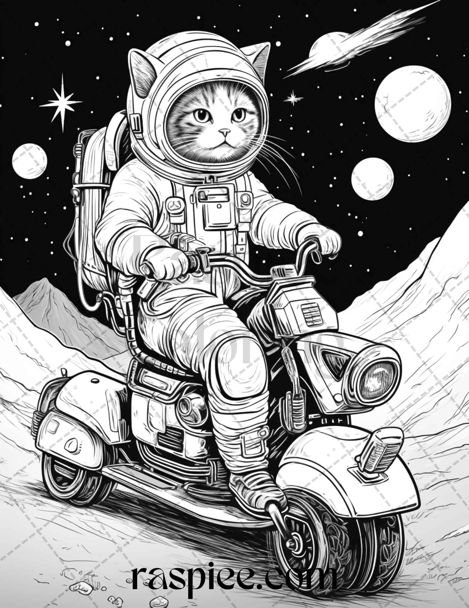 40 Cat Astronaut Grayscale Coloring Pages Printable for Adults Kids, PDF File Instant Download