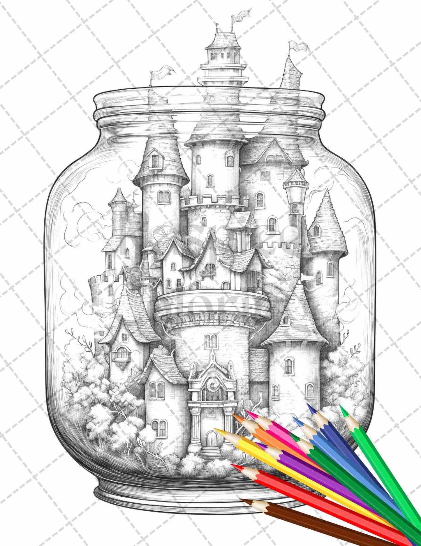 42 Fantasy Castle In Jar Grayscale Coloring Pages Printable for Adults, PDF File Instant Download