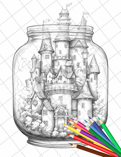 42 Fantasy Castle In Jar Grayscale Coloring Pages Printable for Adults, PDF File Instant Download