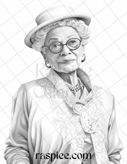 40 Fashionista Grandma Grayscale Coloring Pages Printable for Adults, PDF File Instant Download