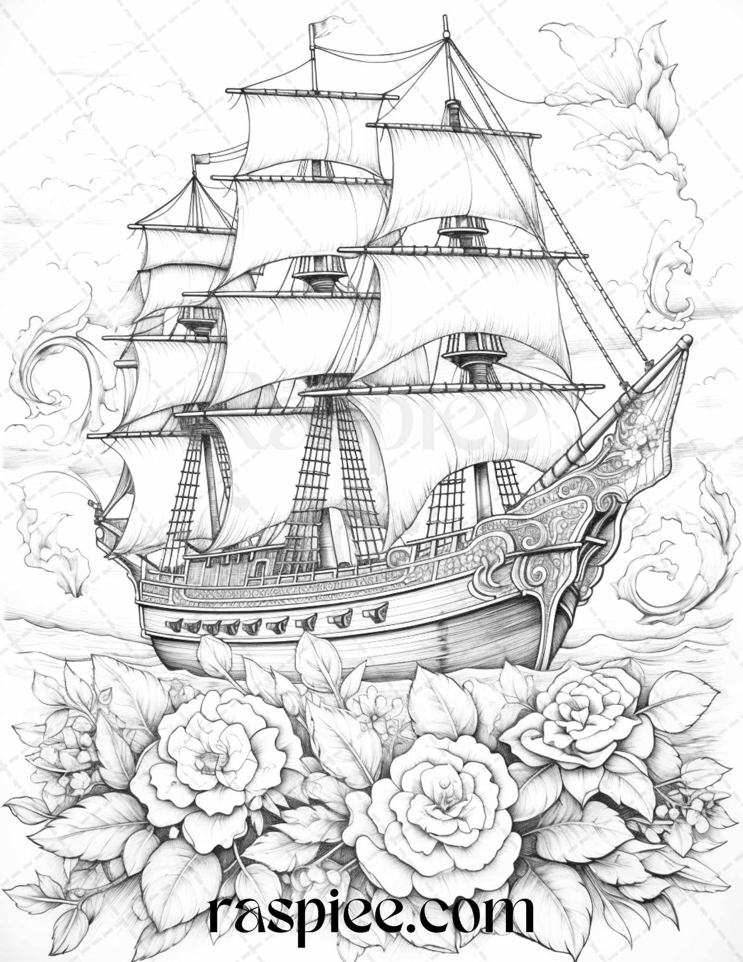 44 Flower Ships Graysale Coloring Pages Printable for Adults, PDF File Instant Download