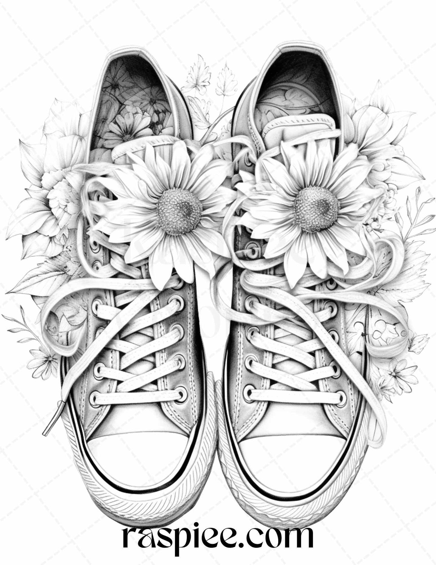 40 Flower Sneakers Grayscale Coloring Pages Printable for Adults, PDF File Instant Download