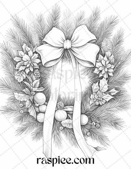 40 Christmas Wreath Grayscale Coloring Pages Printable for Adults, PDF File Instant Download