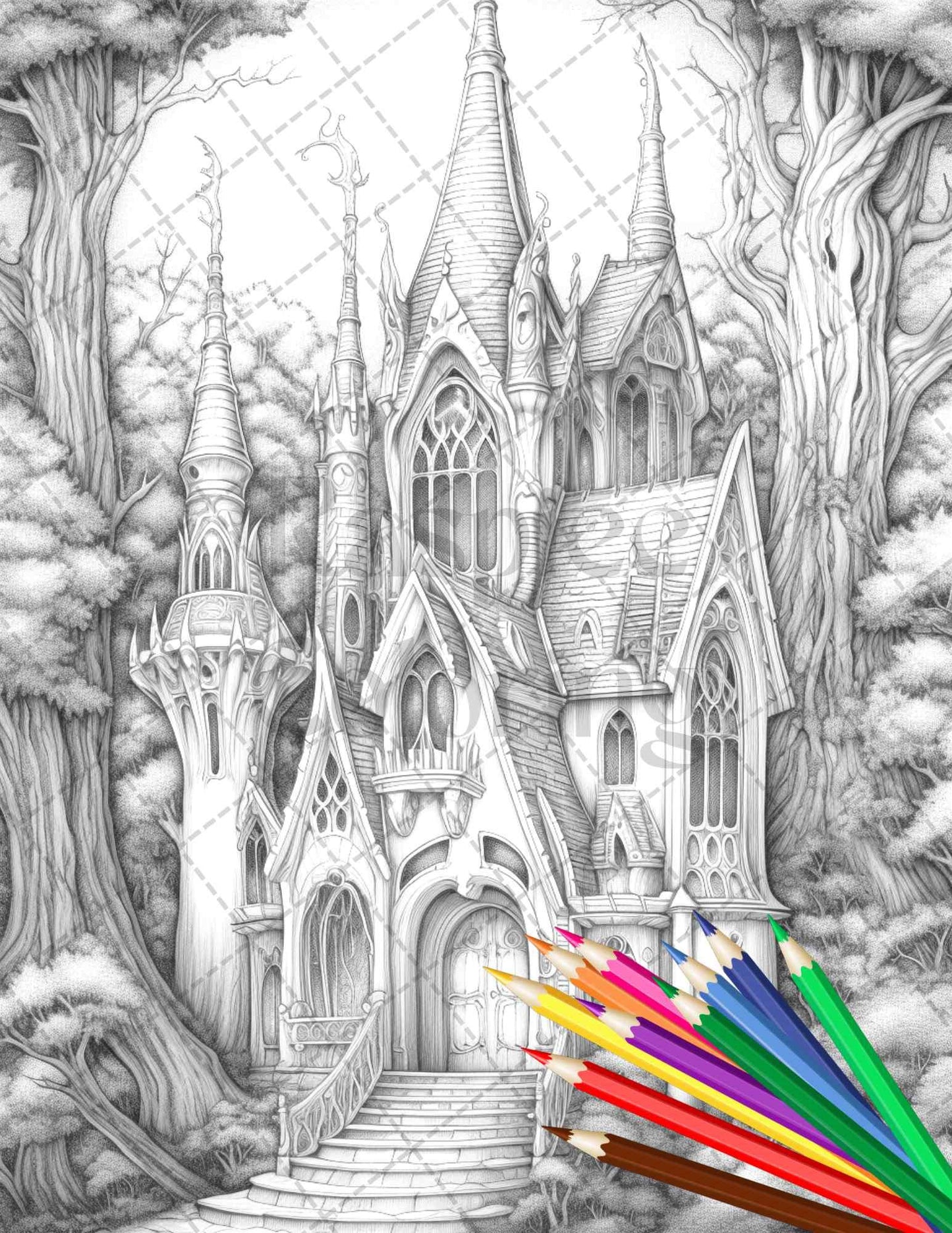 40 Creepy Gothic Houses Grayscale Coloring Pages Printable for Adults, PDF File Instant Download