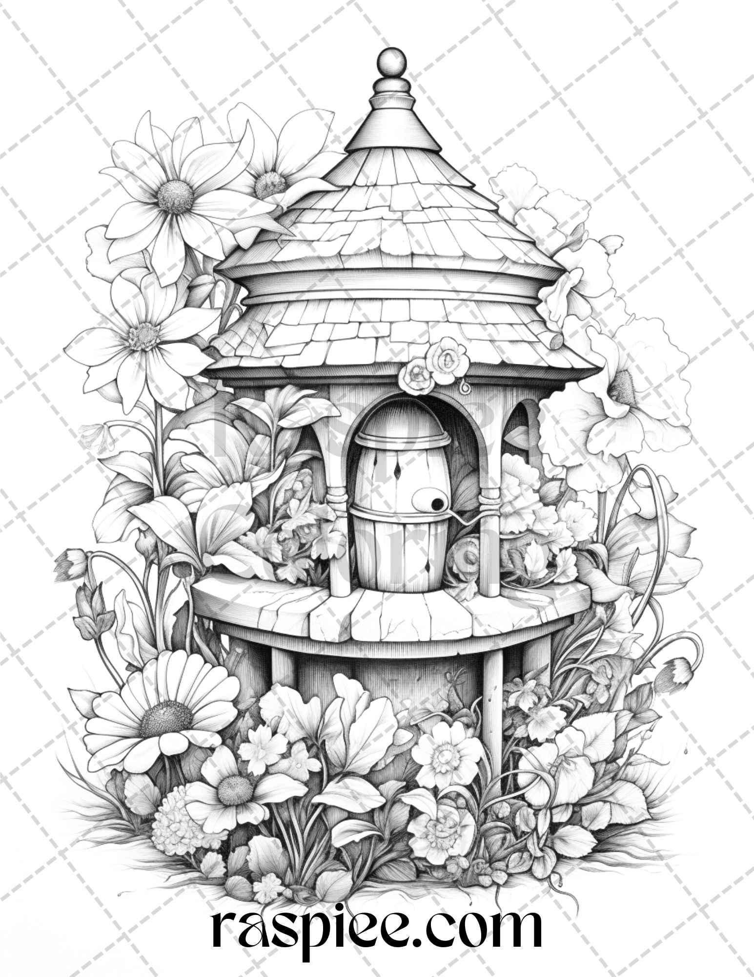 40 Whimsical Wishing Wells Grayscale Coloring Pages Printable for Adults, PDF File Instant Download