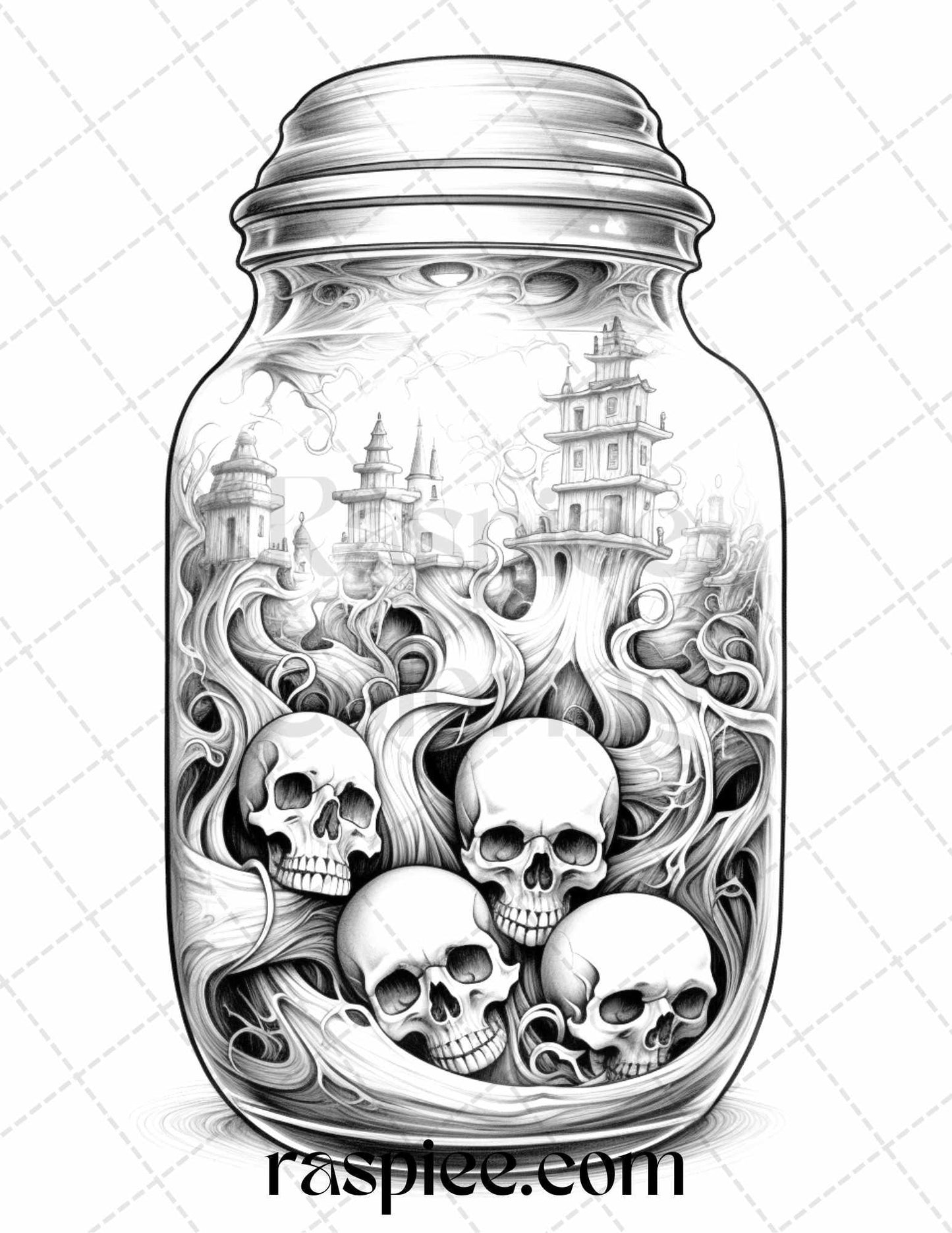 40 Halloween in Jar Grayscale Coloring Pages for Adults, Printable PDF File Instant Download