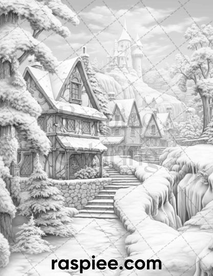 40 Fantasy Winter Village Grayscale Coloring Pages for Adults, PDF File Instant Download