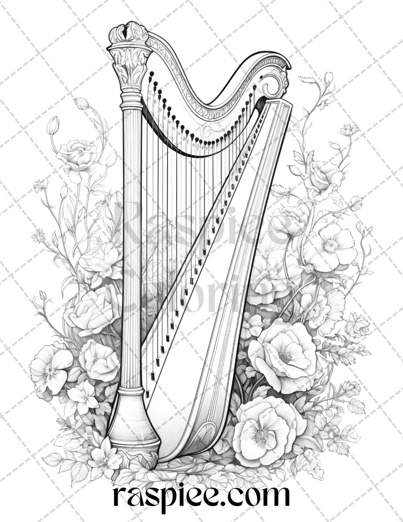 30 Musical Instrument Flower Grayscale Coloring Pages Printable for Adults, PDF File Instant Download