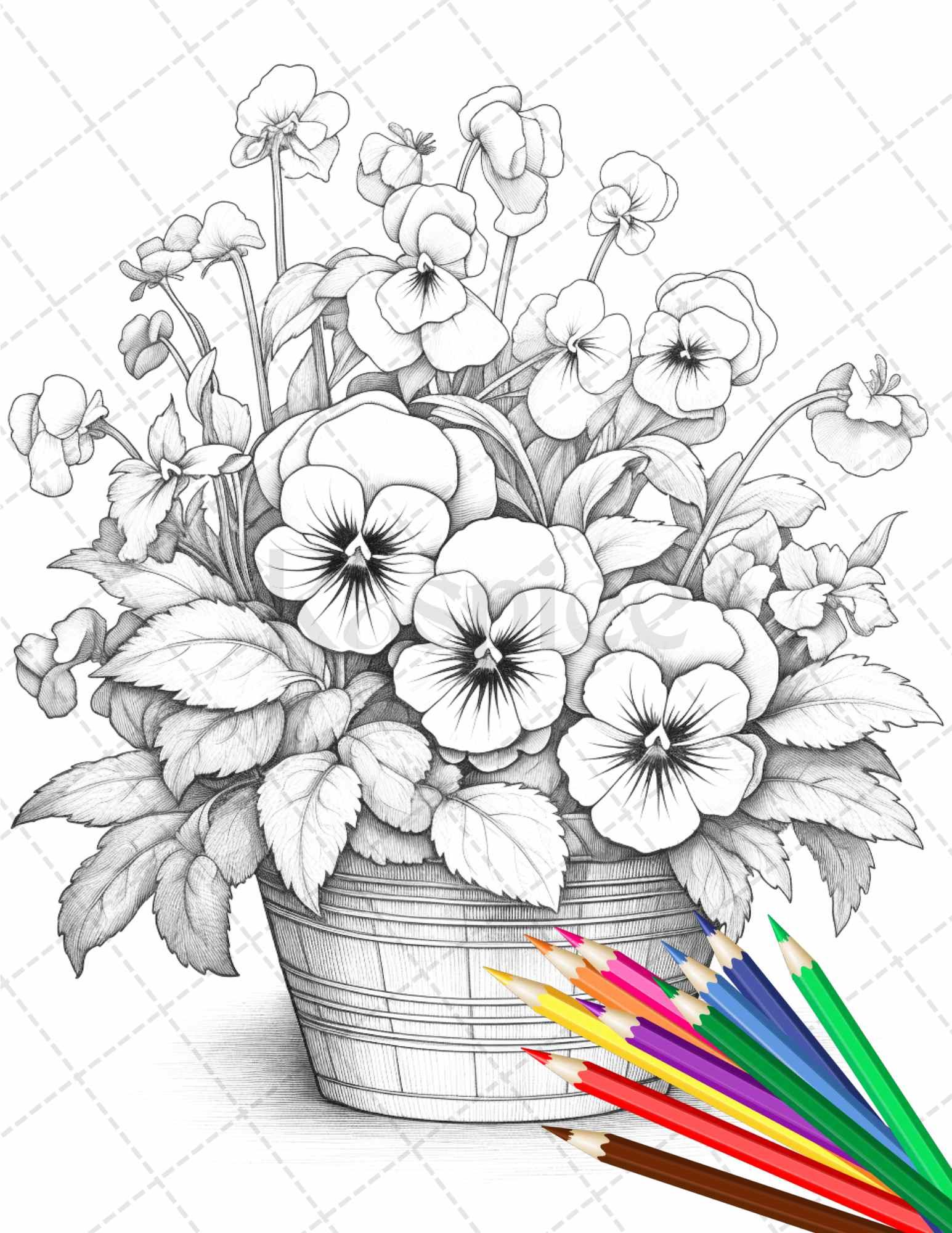 30 Flower Baskets Grayscale Coloring Pages for Adults, PDF File Instant Download