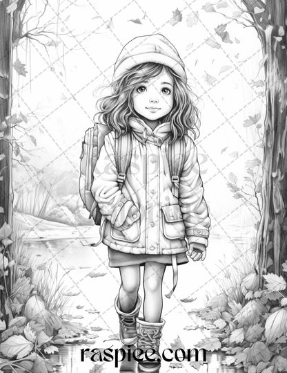 40 Rainy Autumn Day Grayscale Coloring Pages Printable for Adults and Kids, PDF File Instant Download