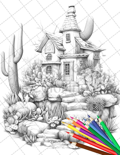 46 Fantasy Cactus Houses Grayscale Coloring Pages Printable for Adults, PDF File Instant Download