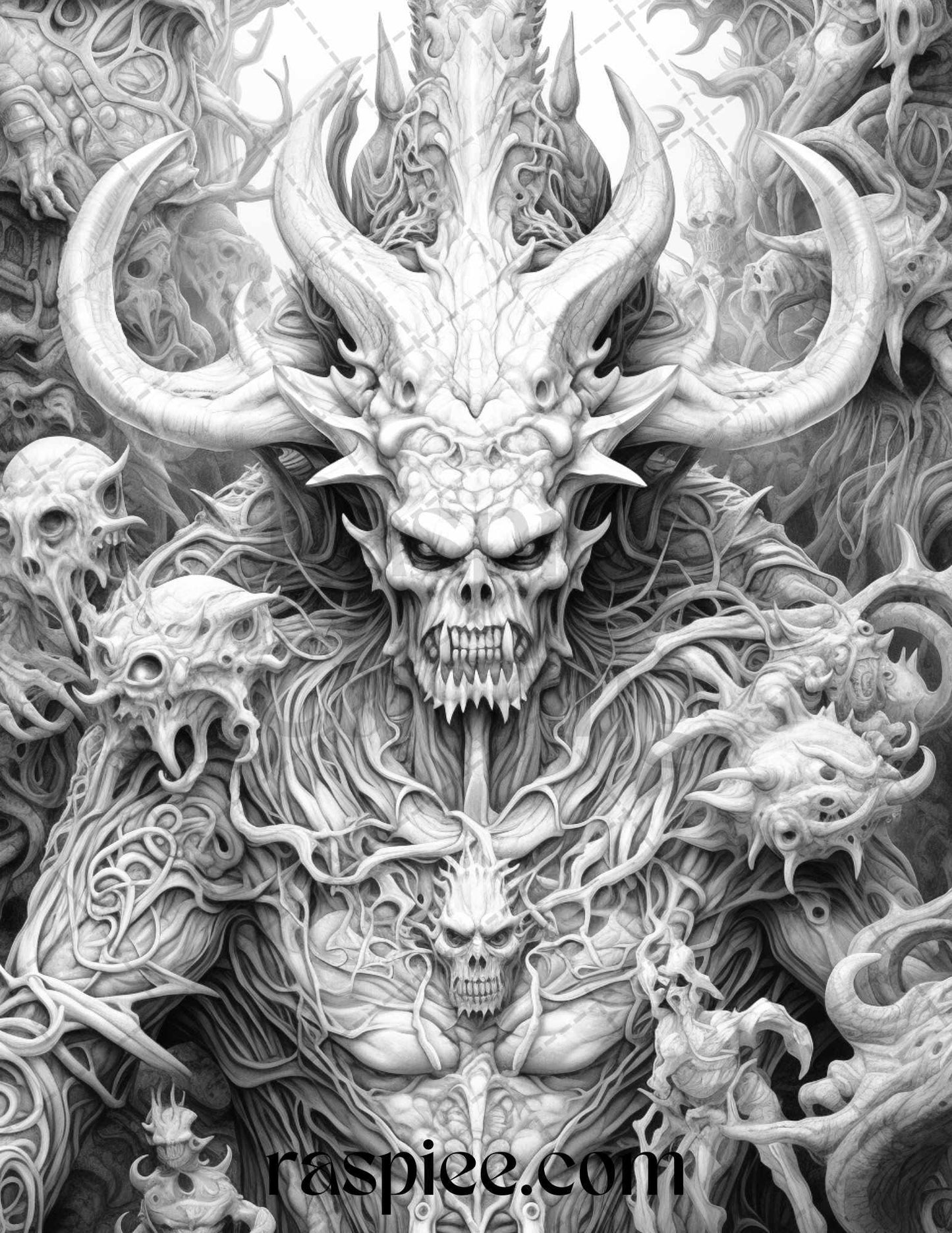 43 Fantasy Demons Grayscale Coloring Pages for Adults, Printable PDF File Instant Download