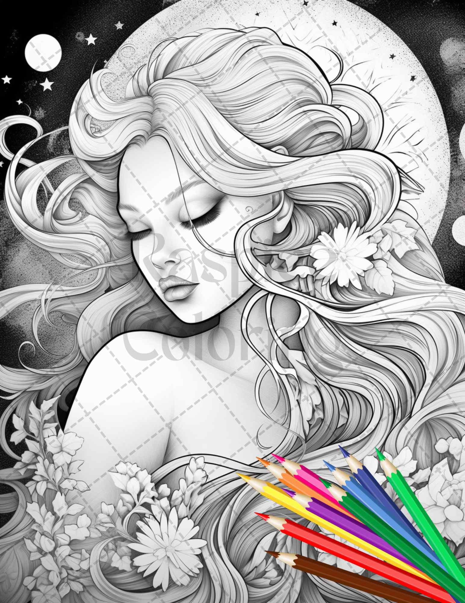 34 Beautiful Moon Fairies Grayscale Coloring Pages Printable for Adults, PDF File Instant Download