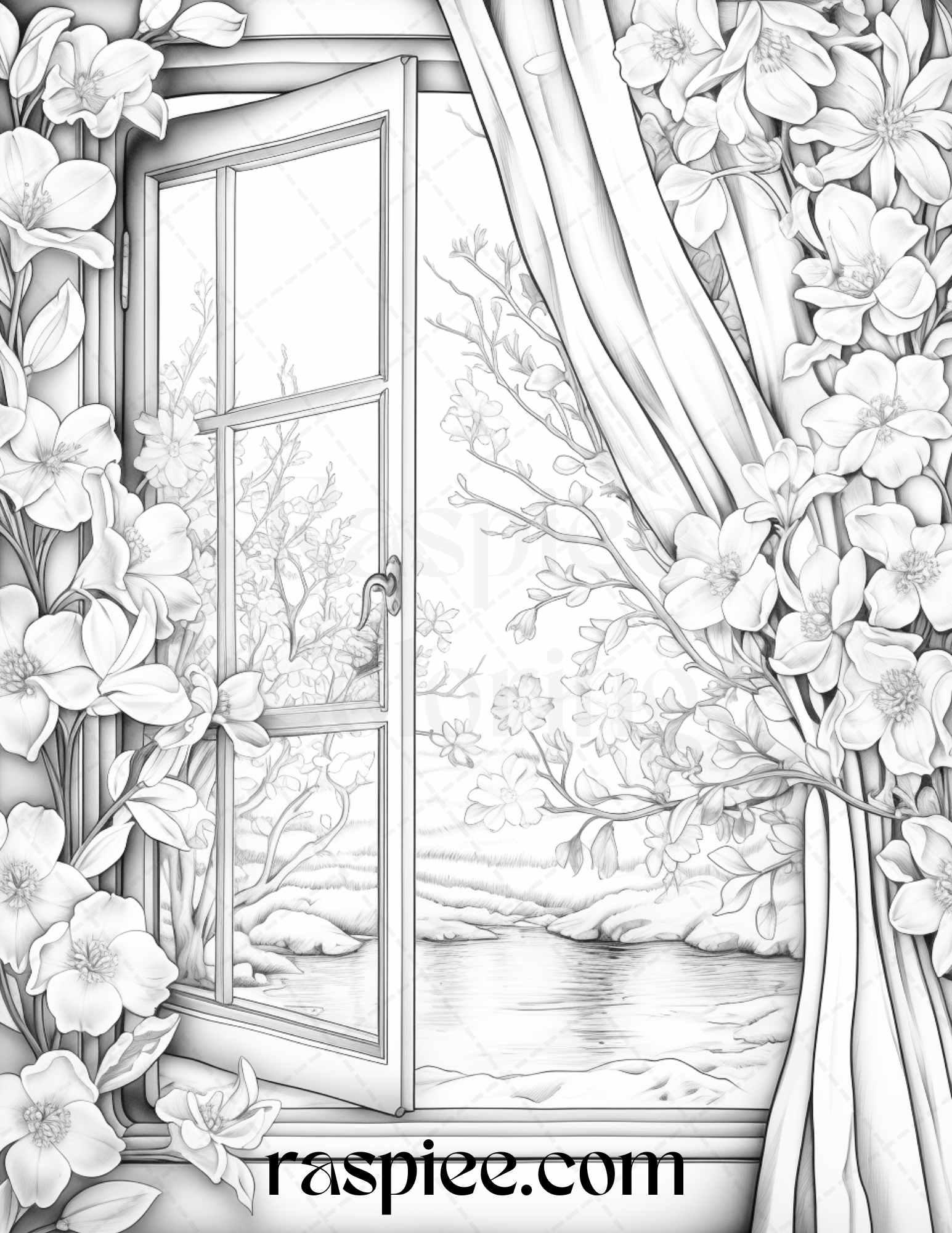 50 Blooming Windows Grayscale Coloring Pages Printable for Adults, PDF File Instant Download