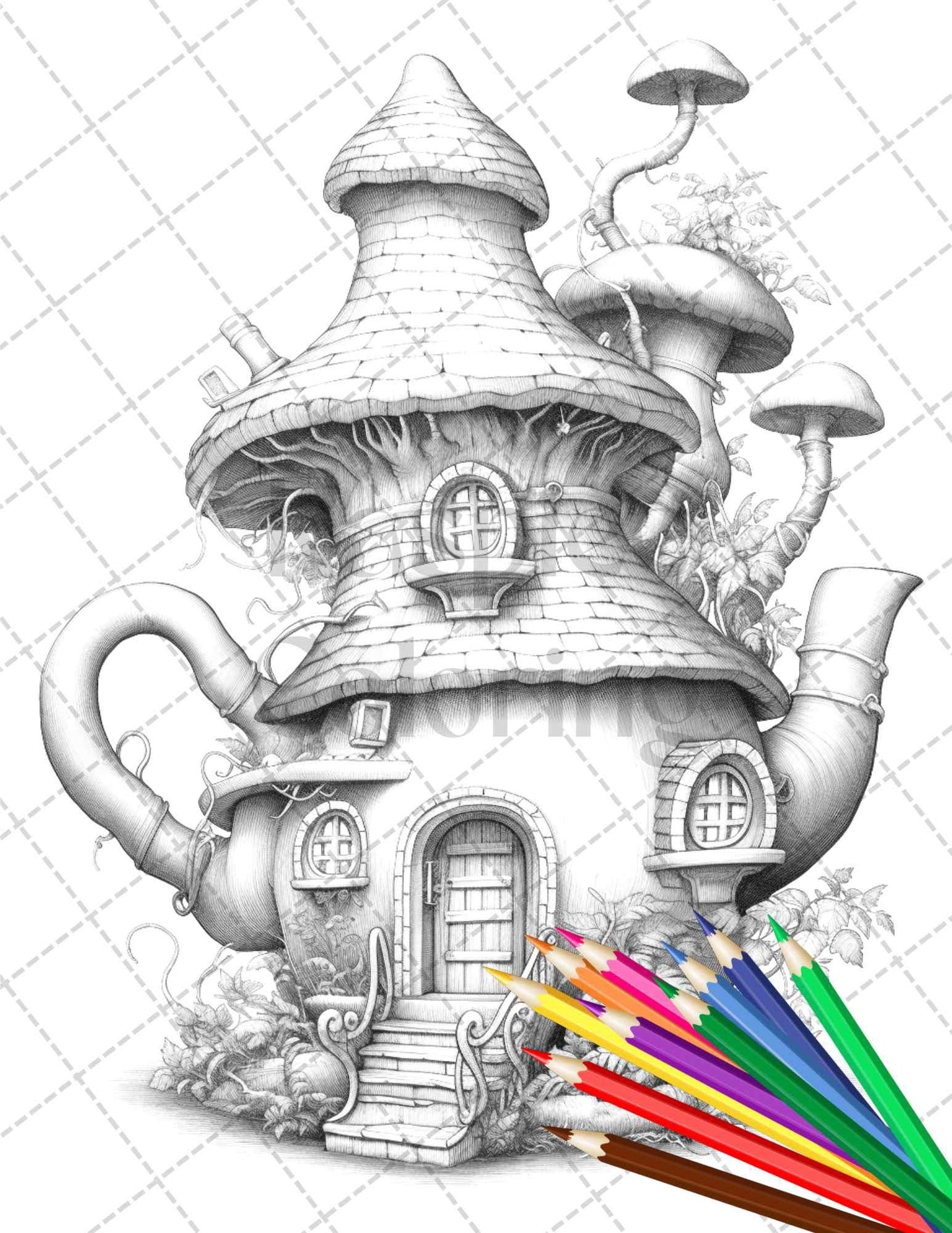 40 Teapot Fairy Houses Grayscale Coloring Pages Printable for Adults, PDF File Instant Download