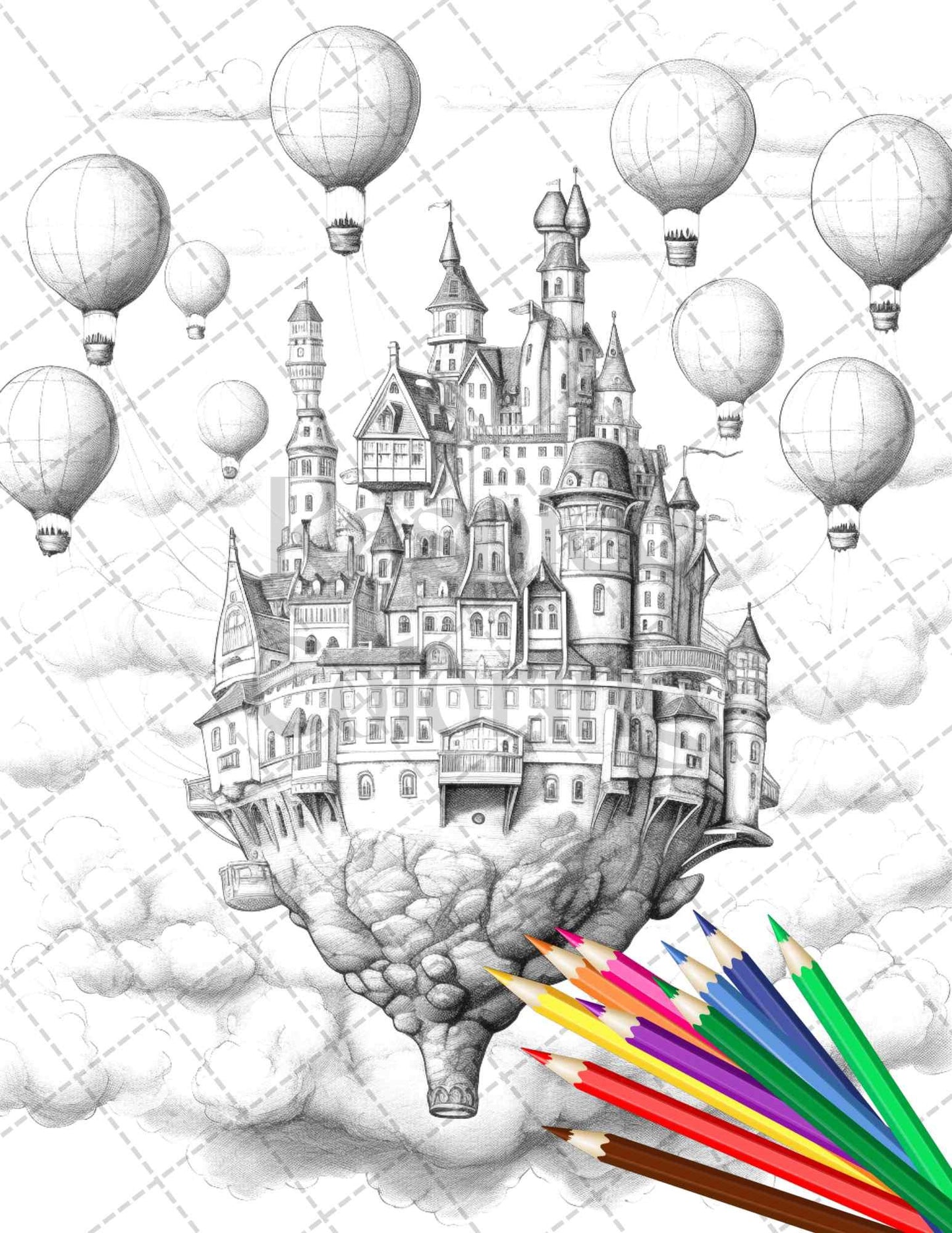 40 Fantasy Sky Houses Grayscale Coloring Pages Printable for Adults, PDF File Instant Download