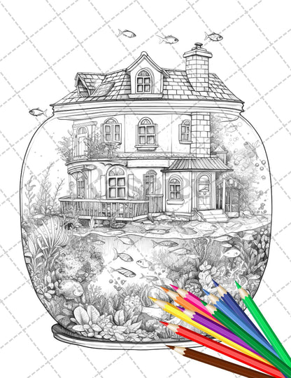 34 Fishtank Houses Coloring Book for Adults, Grayscale Coloring Page, Printable PDF Instant Download