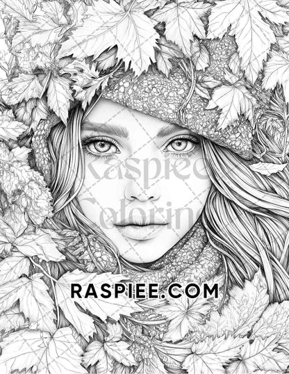 Autumn Beauties Portrait Adult Coloring Pages Printable PDF Instant Download