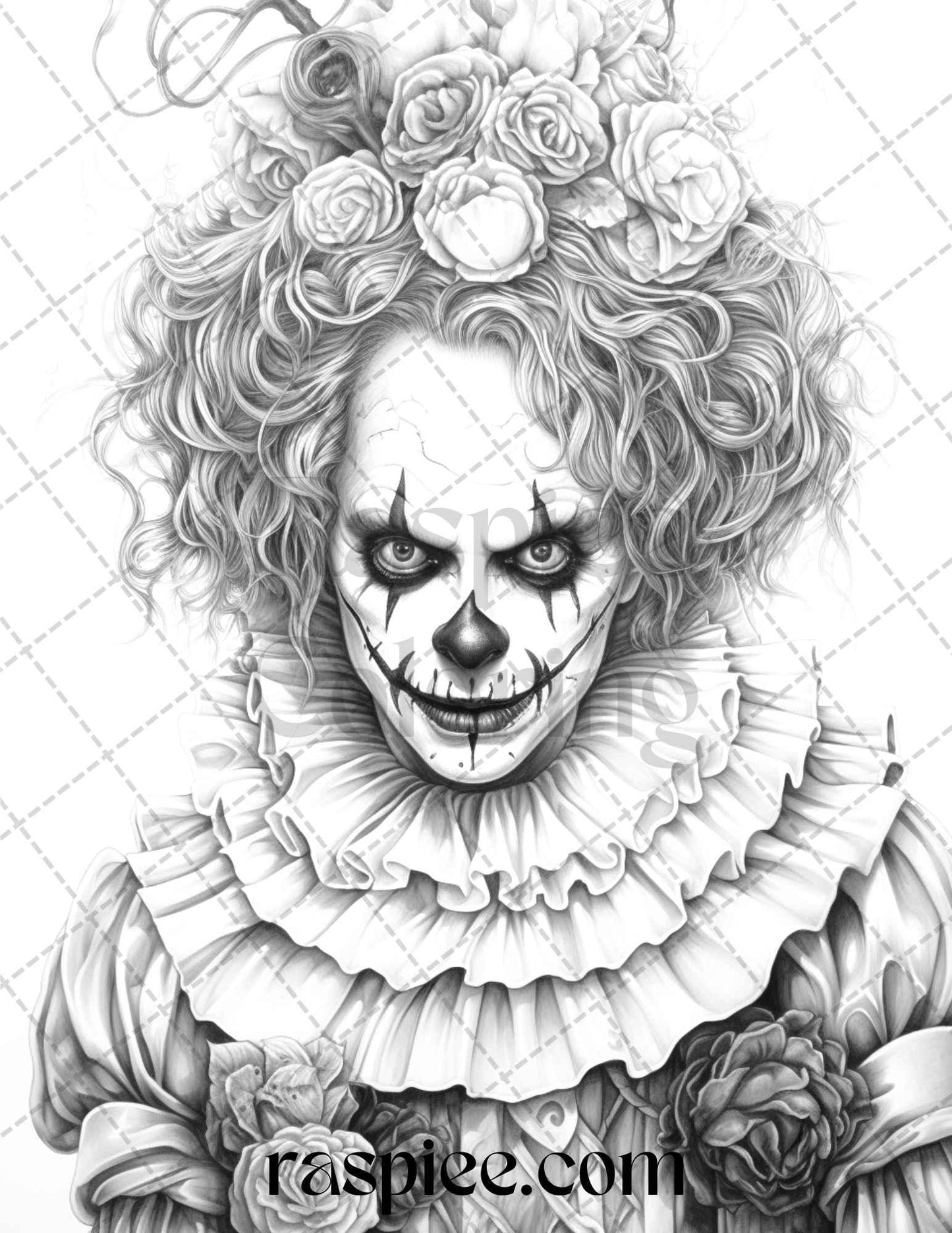 40 Spooky Clowns Grayscale Coloring Pages Printable for Adults, PDF File Instant Download