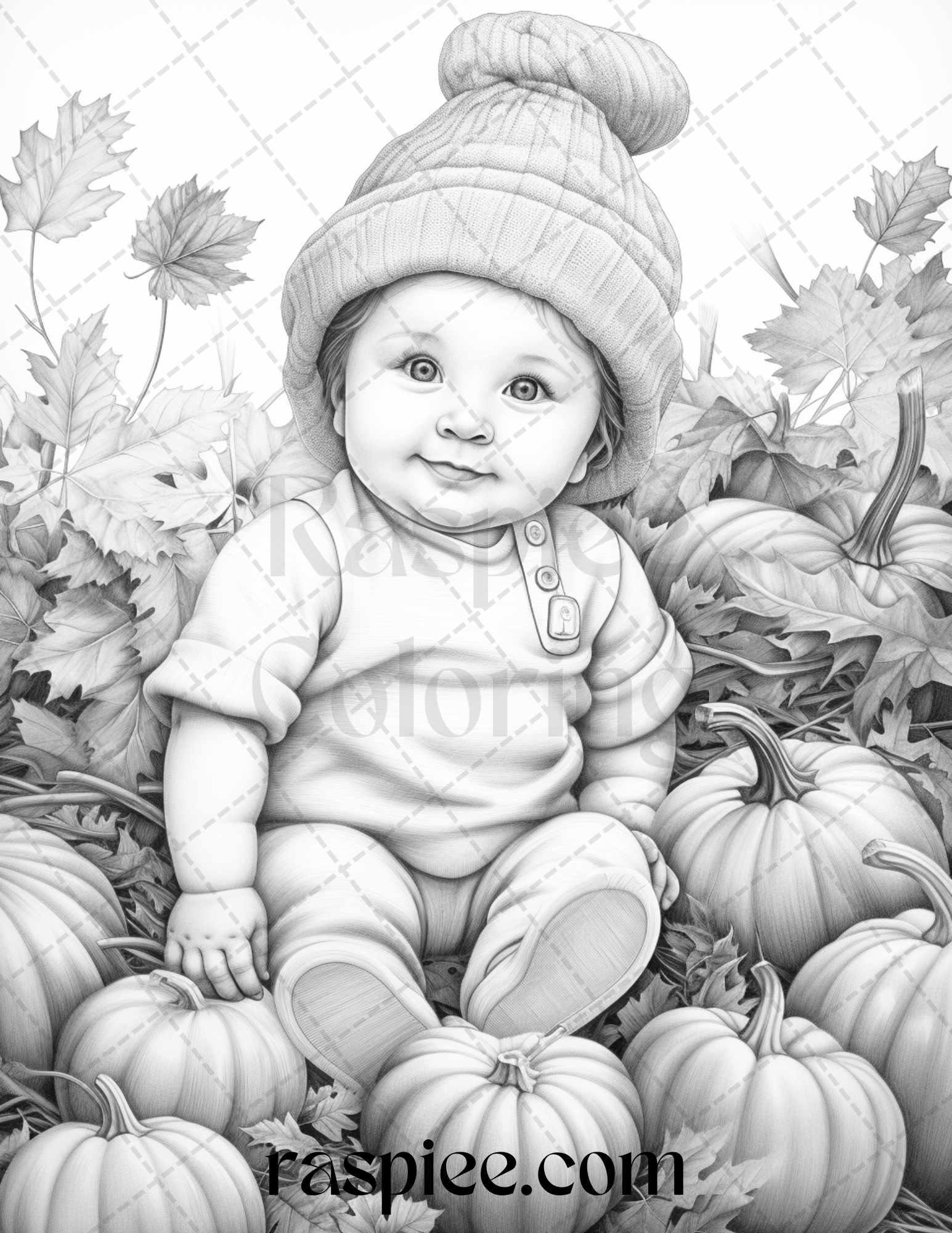 40 Pumpkin Babies Grayscale Coloring Pages for Adults and Kids, Printable PDF File Instant Download