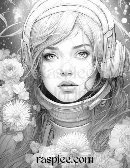 50 Astronaut Girl Portrait Grayscale Coloring Pages Printable for Adults, PDF File Instant Download