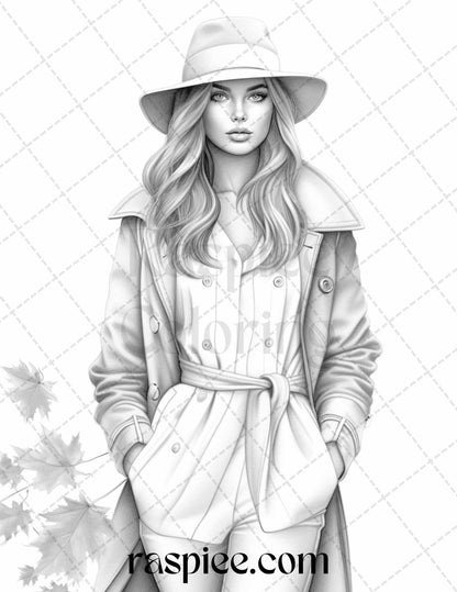 40 Fall Fashion Grayscale Coloring Pages for Adults, Printable PDF File Instant Download