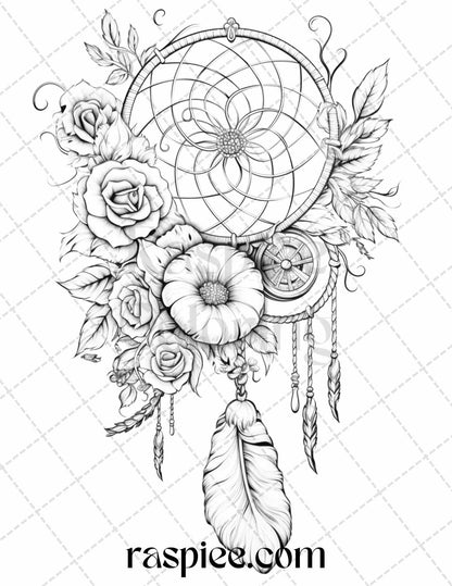 30 Flower Dreamcatcher Grayscale Coloring Pages Printable for Adults, PDF File Instant Download