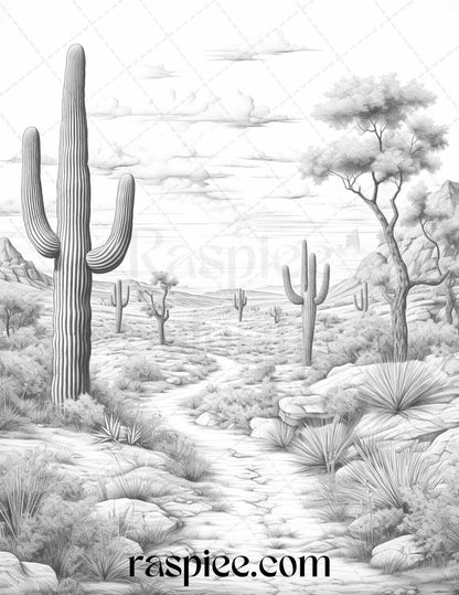 40 Desert Landscapes Grayscale Coloring Pages Printable for Adults, PDF File Instant Download