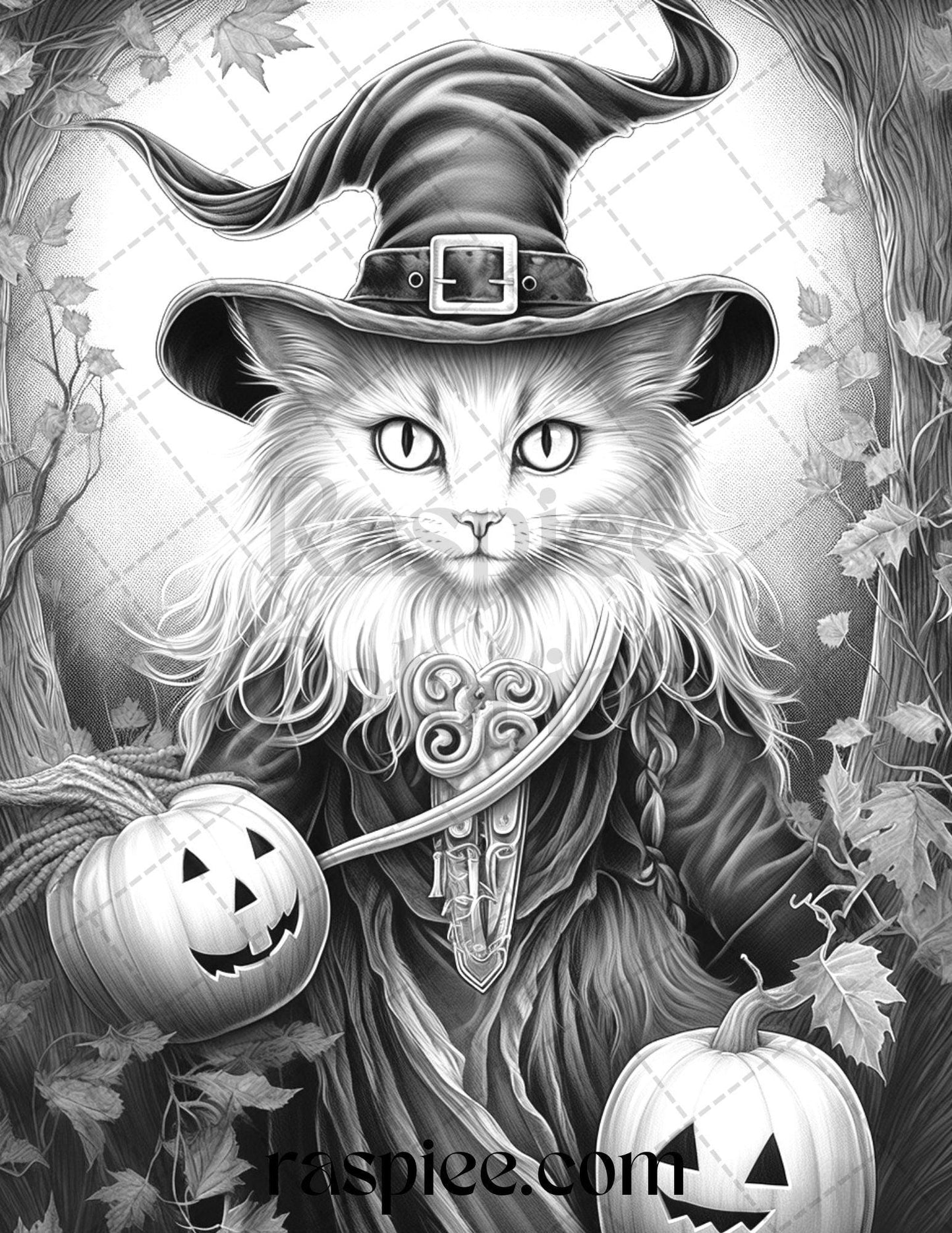 40 Halloween Witch Cat Grayscale Coloring Pages Printable for Adults, PDF File Instant Download