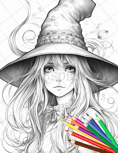 40 Cute Witches Coloring Pages Printable for Adults, Grayscale Coloring Page, PDF File Instant Download