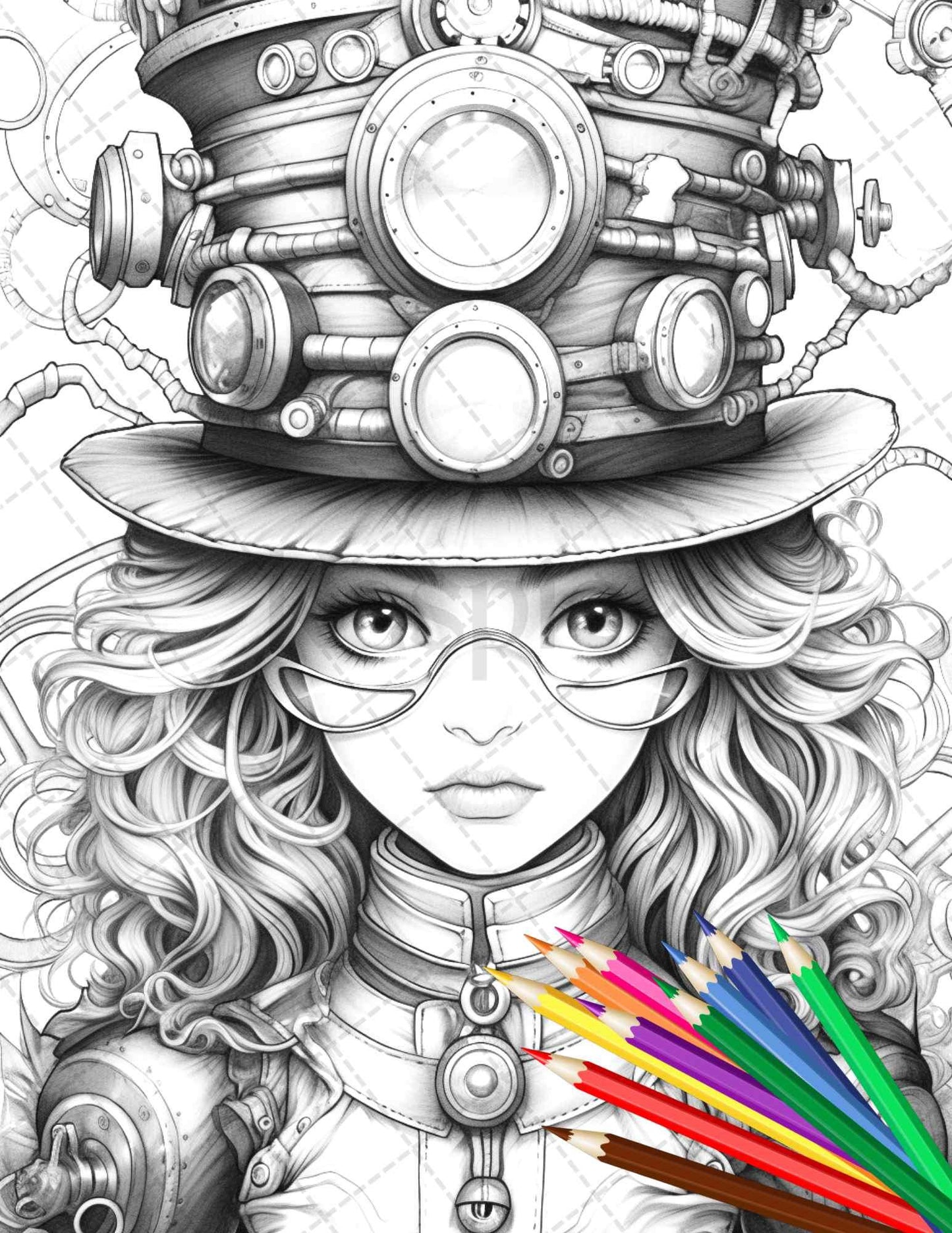 31 Adorable Steampunk Girls Coloring Pages Printable for Adults, Grayscale Coloring Page, PDF File Instant Download