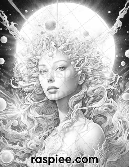 40 Galaxy Queen Sci-Fi & Fantasy Grayscale Coloring Pages for Adults, Printable PDF Instant Download