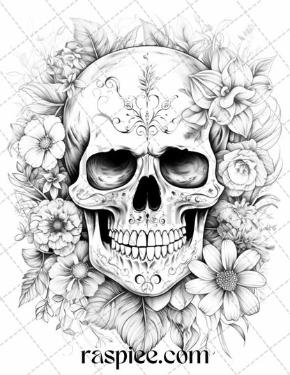 42 Floral Skull Grayscale Coloring Pages for Adults, Stress Relief Coloring Sheets, Printable PDF File Instant Download