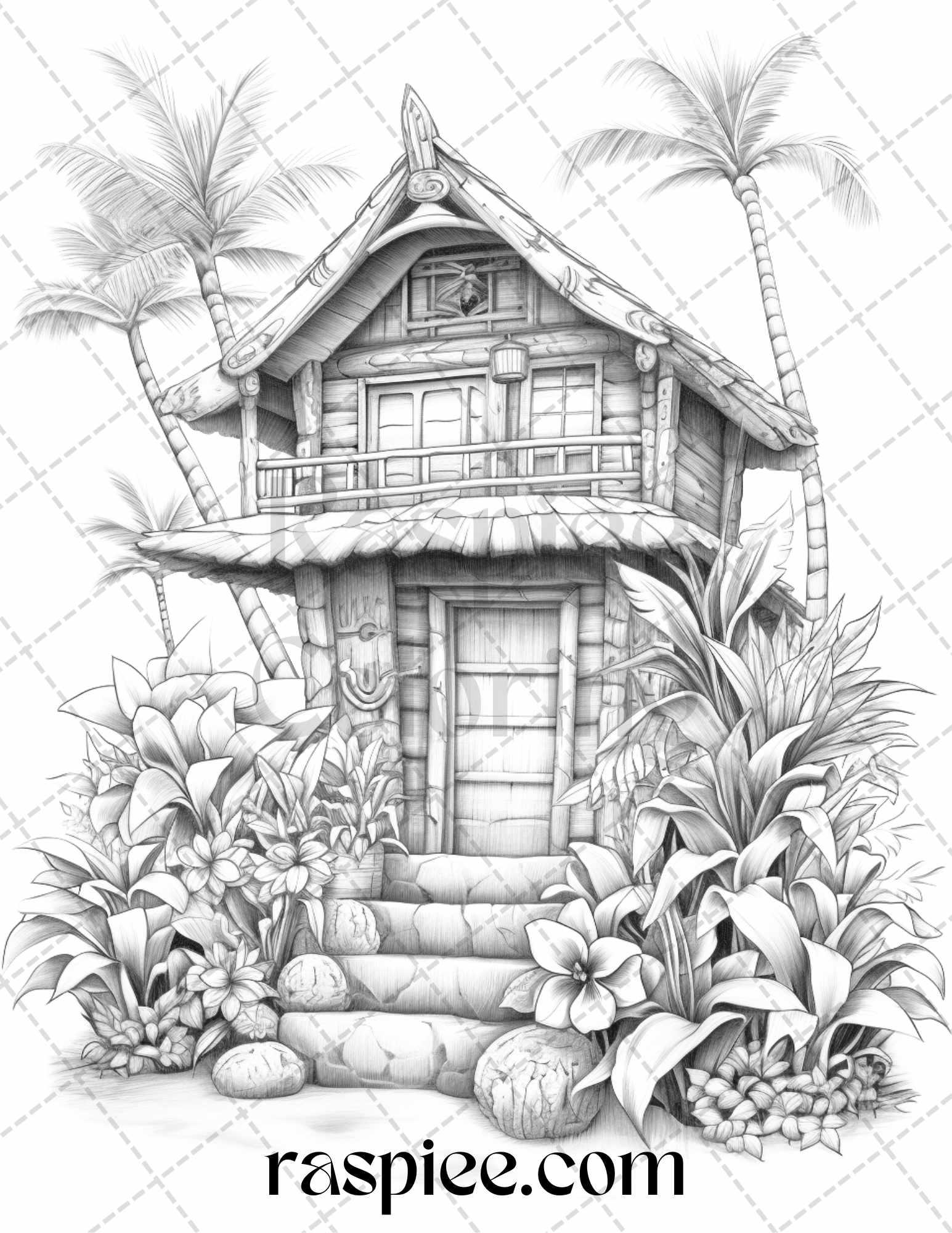 40 Hawaii Tiki Houses Grayscale Coloring Pages Printable for Adults, PDF File Instant Download