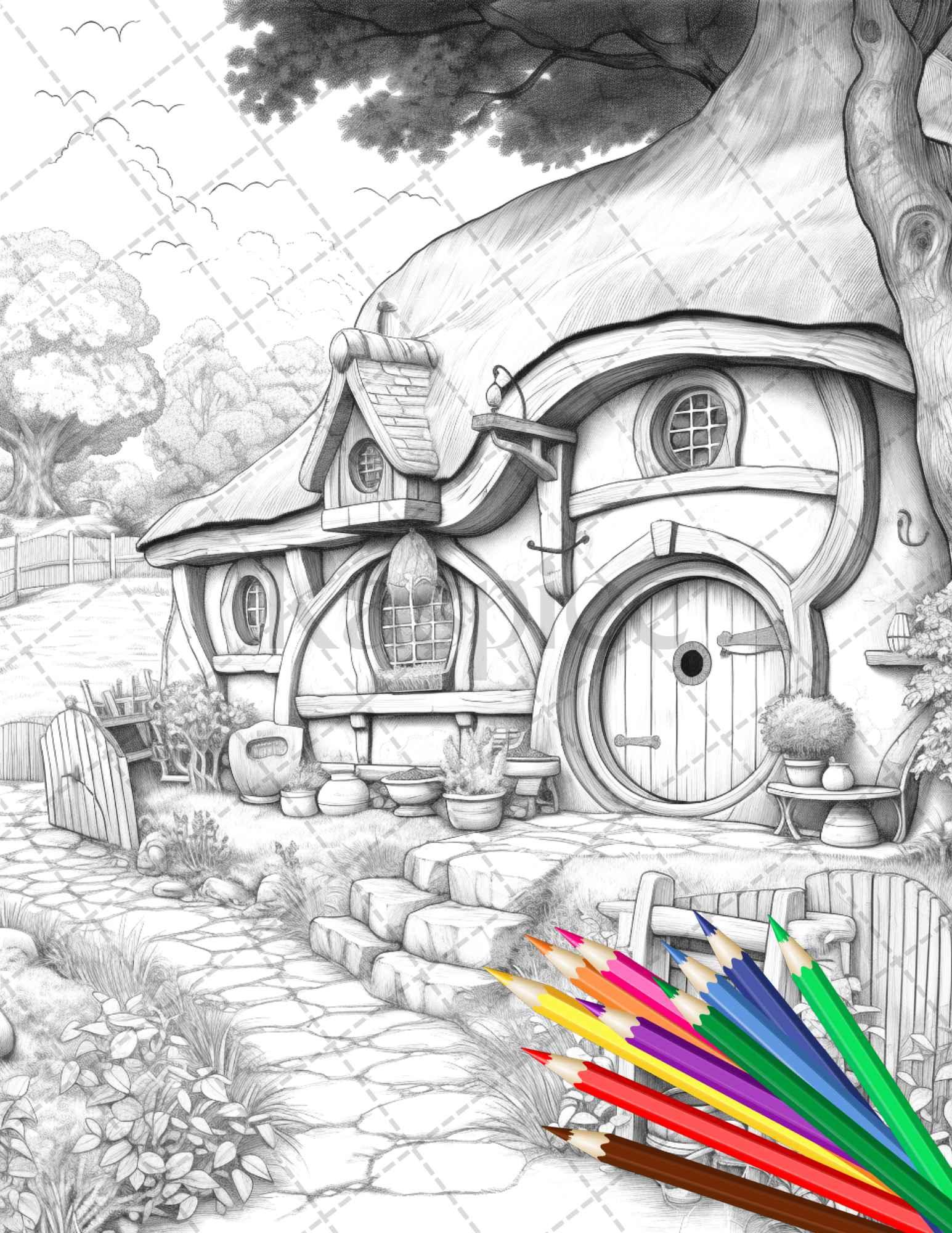 43 Enchanted Hobbiton Houses Grayscale Coloring Pages Printable for Adults, PDF File Instant Download