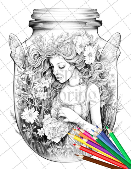 40 Beautiful Fairies in Jar Grayscale Coloring Pages Printable for Adults, PDF File Instant Download