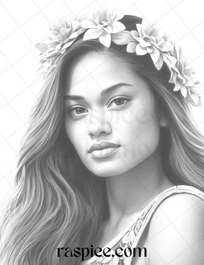 40 Hawaiian Girls Grayscale Coloring Pages Printable for Adults, PDF File Instant Download