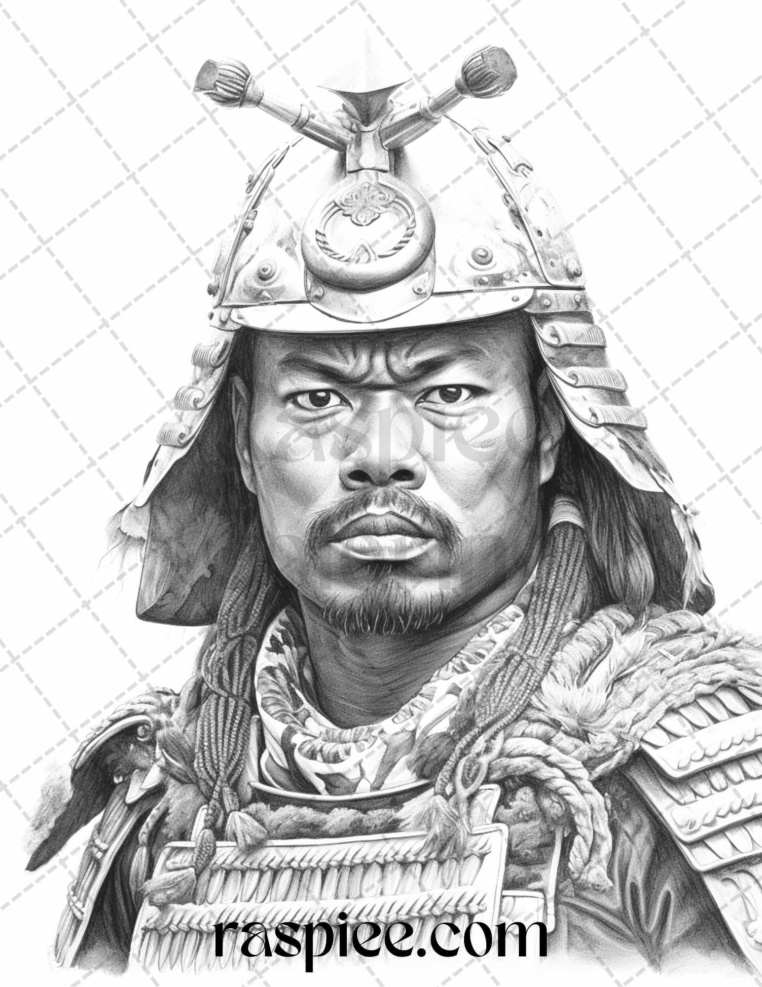 42 Japanese Samurai Grayscale Coloring Pages for Adults, Printable PDF File Instant Download