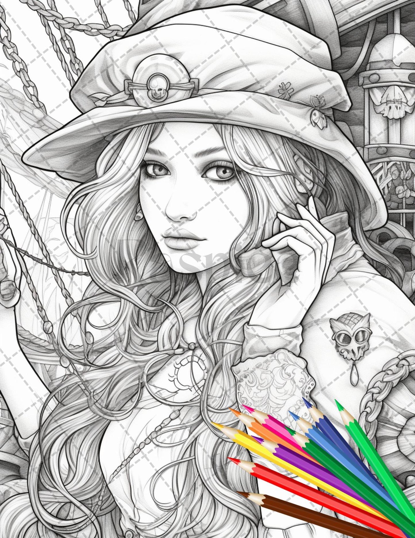 48 Beautiful Pirate Princess Coloring Book Printable for Adults, Grayscale Coloring Page, PDF File Instant Download