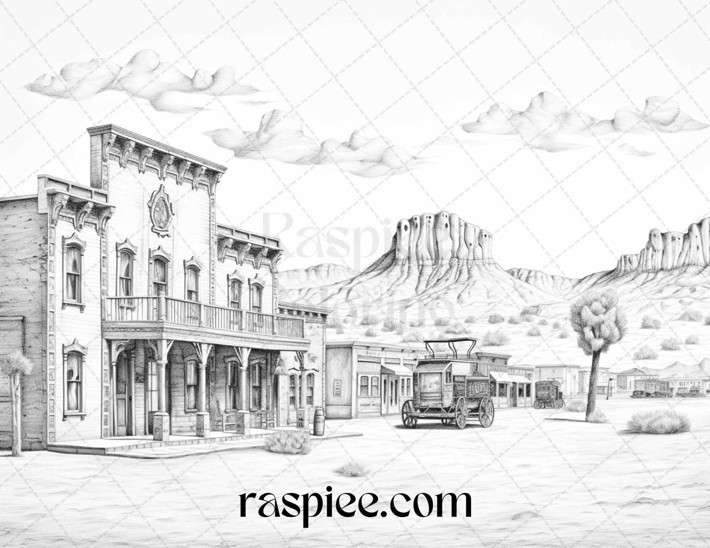 40 Wild West Towns Grayscale Coloring Pages Printable for Adults, PDF File Instant Download