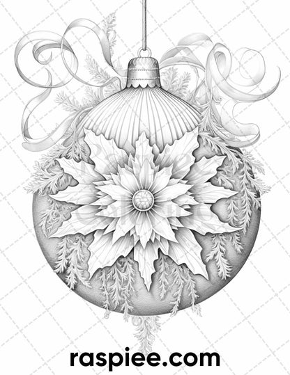 40 Christmas Balls Grayscale Coloring Pages Printable for Adults, PDF File Instant Download