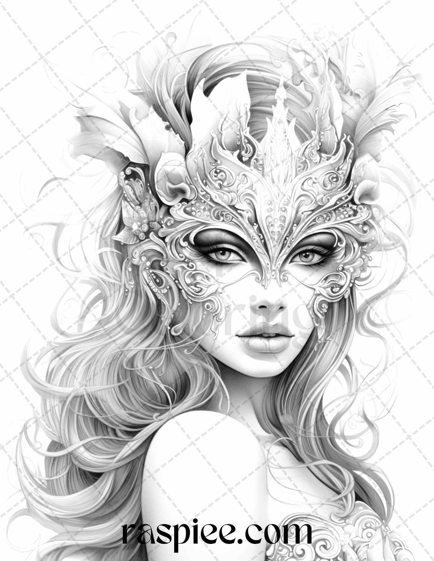 40 Masquerade Girls Grayscale Coloring Pages Printable for Adults, PDF File Instant Download