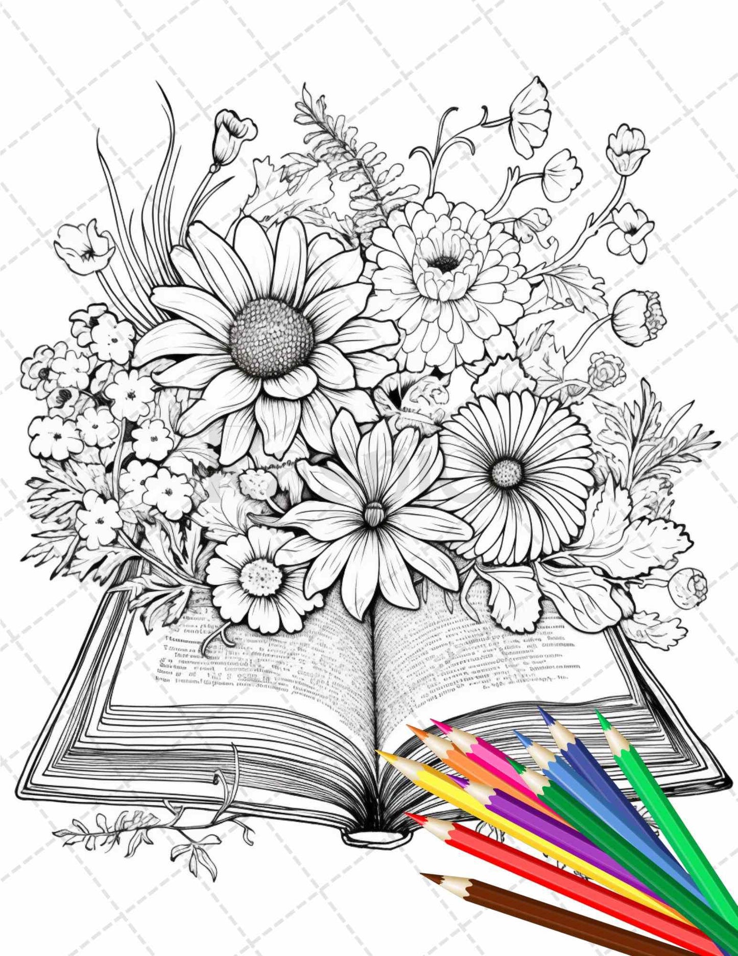 31 Book Flowers Coloring Pages Printable for Adults, Grayscale Coloring Page, PDF File Instant Download