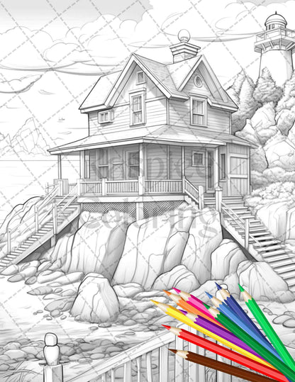 42 Wooden Beach Houses Grayscale Coloring Pages Printable for Adults, PDF File Instant Download