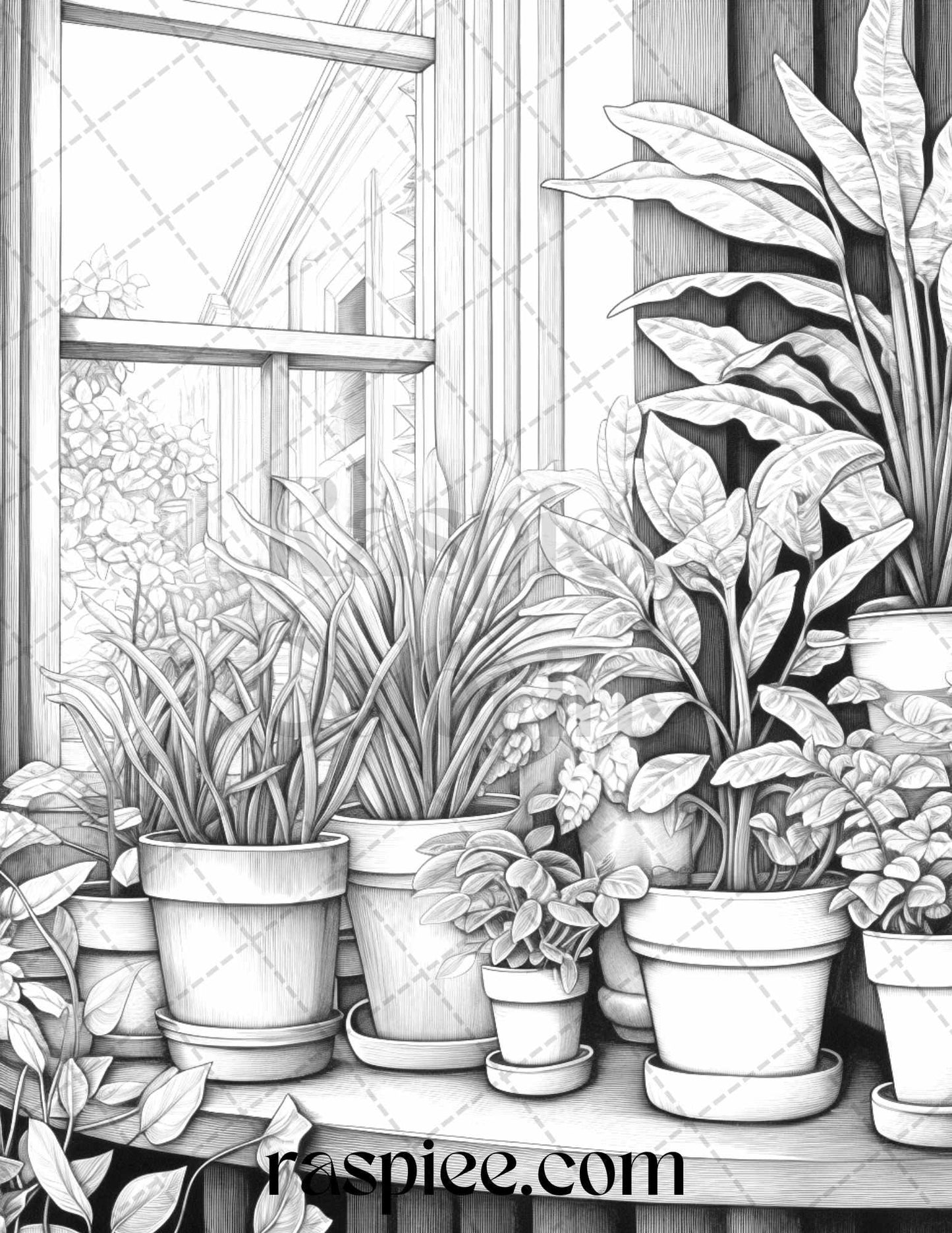 40 Window Plants Grayscale Coloring Pages Printable for Adults, PDF File Instant Download