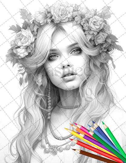 40 Beautiful Gothic Girls Grayscale Coloring Pages Printable for Adults, PDF File Instant Download