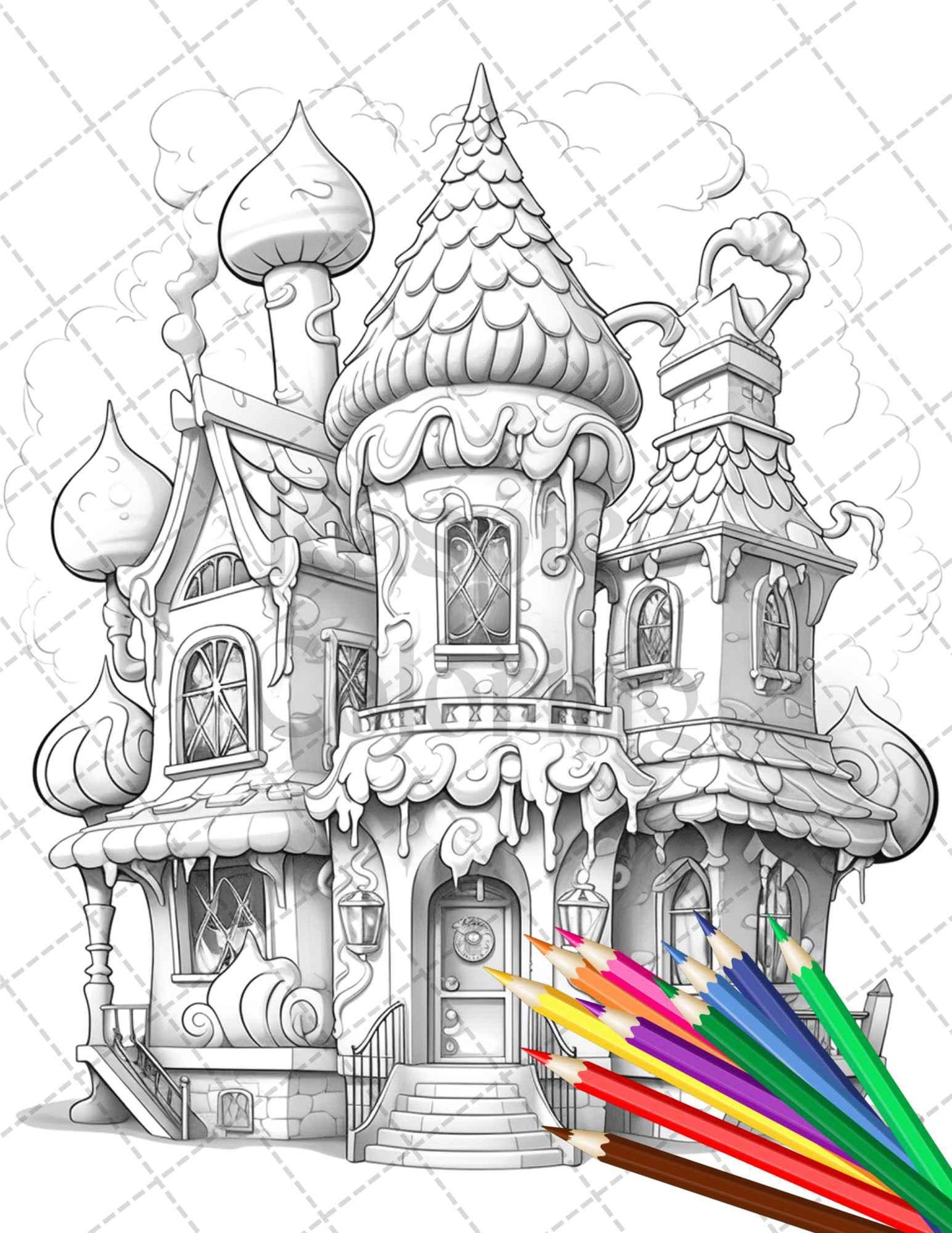 33 Ice Cream Houses Grayscale Coloring Pages Printable for Adults and Kids, PDF File Instant Download