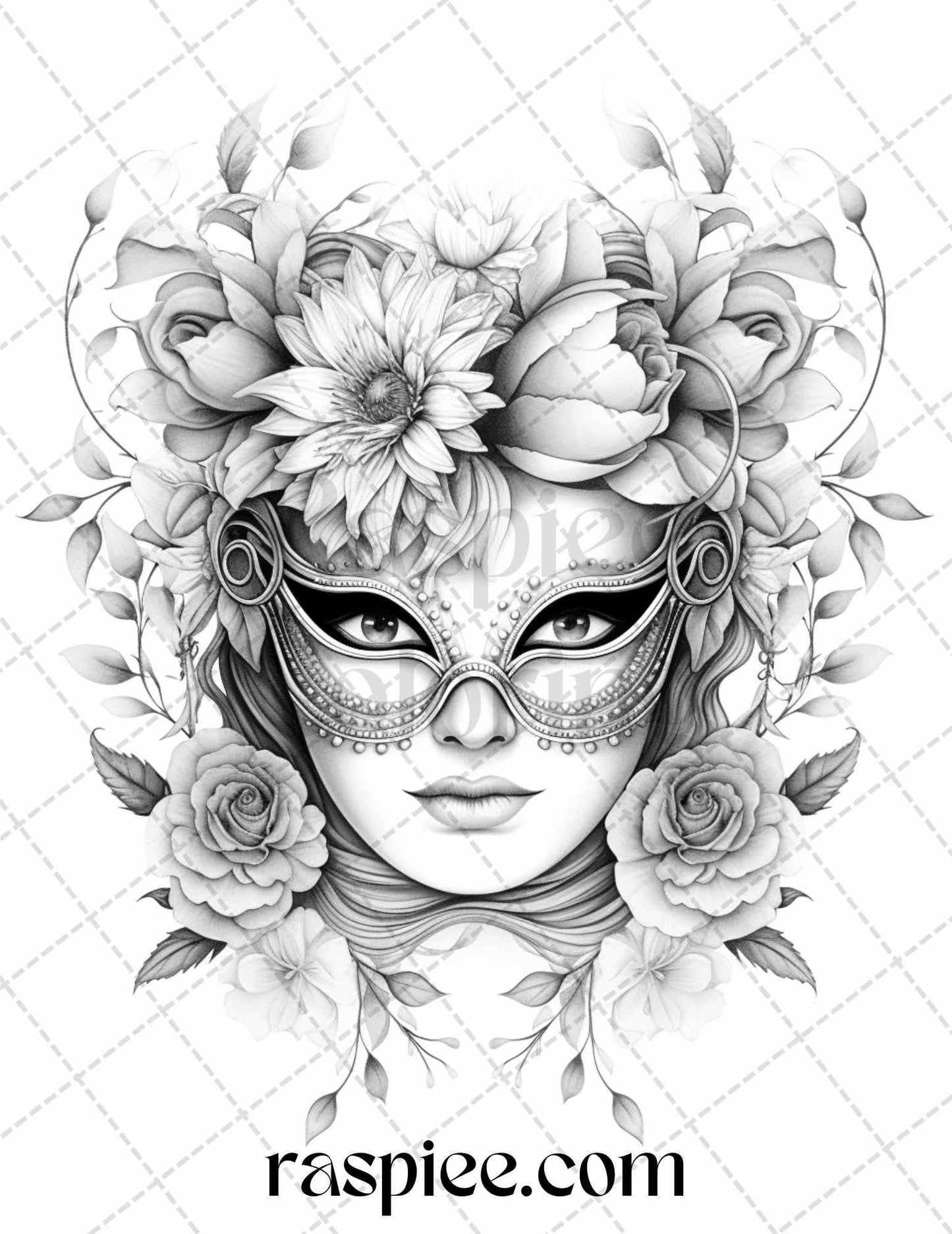 40 Masquerade Masks Grayscale Coloring Pages Printable for Adults, PDF File Instant Download