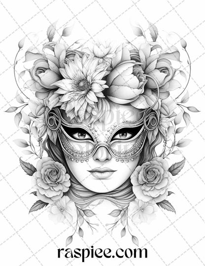 40 Masquerade Masks Grayscale Coloring Pages Printable for Adults, PDF File Instant Download